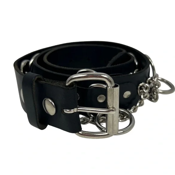 Vintage Hot Topic Black Genuine Leather D-Rings & Chains Goth Punk Belt Size 34 - Picture 1 of 4